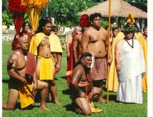 Kapu kneeling at ceremony at Kaanapali Beach Hotel  Norm Bezane photo, circa 2005